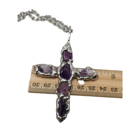 Amethyst Gemstone DENMARK Cross Large Pendant Chain Necklace Silver Tone Vintage - Picture 9 of 9